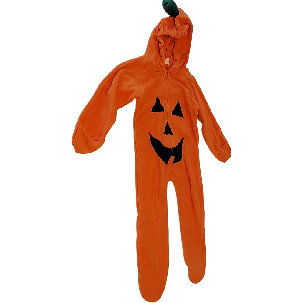 Unbranded Pumpkin Costume Kids Size 100 Orange Fleece Hooded Footed Jumpsuit